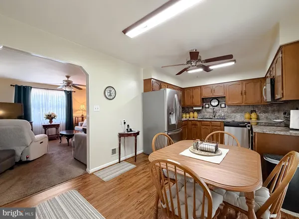 a view of a dining room with furniture