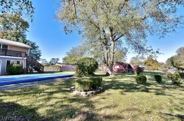 a view of swimming pool of water with lawn chairs and large trees