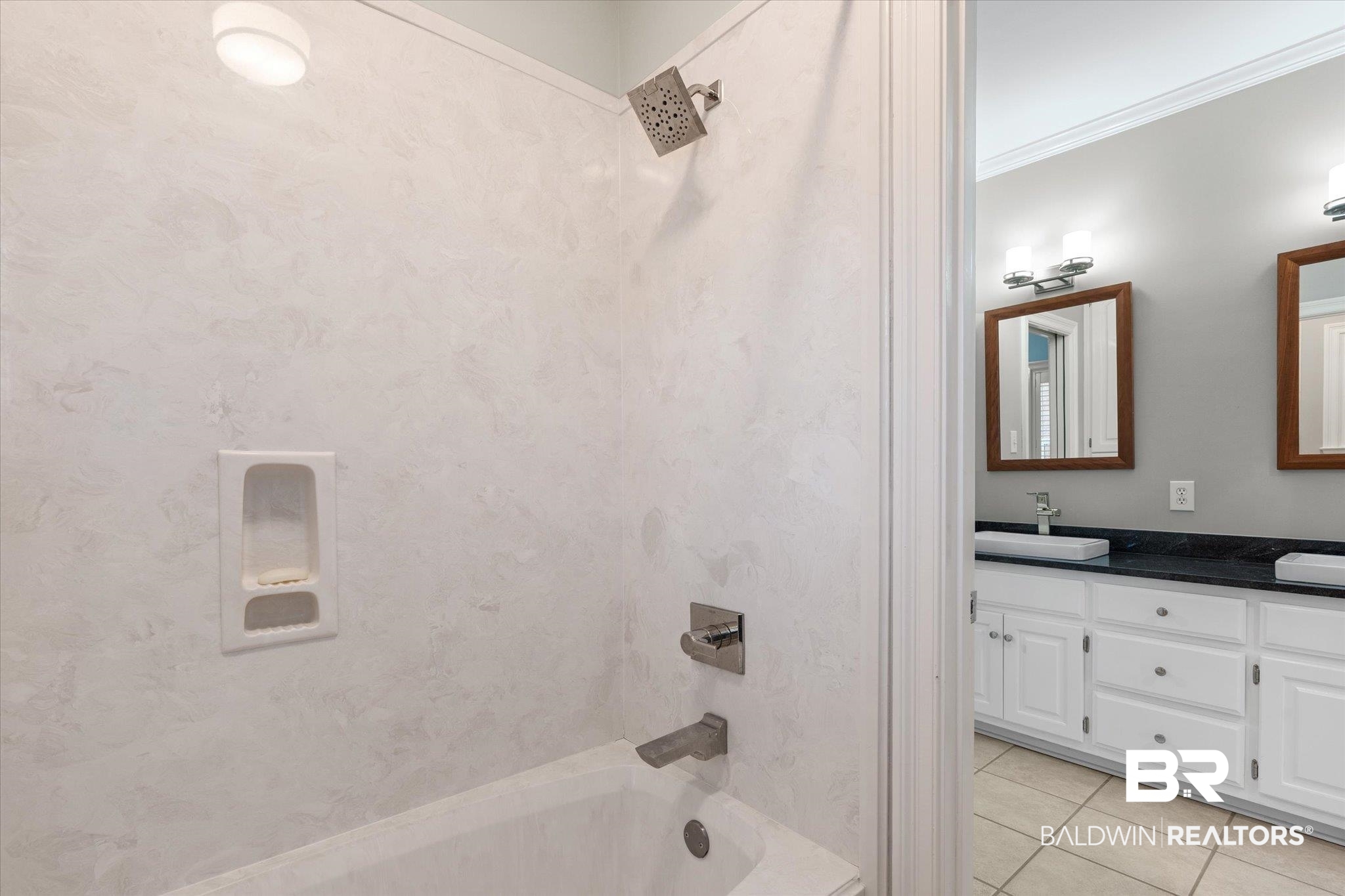 107 Fielding Place Mobile, AL 36608 - Photo 18 of 27 Bathroom with tile patterned flooring, shower / tub combination, double vanity, and crown molding