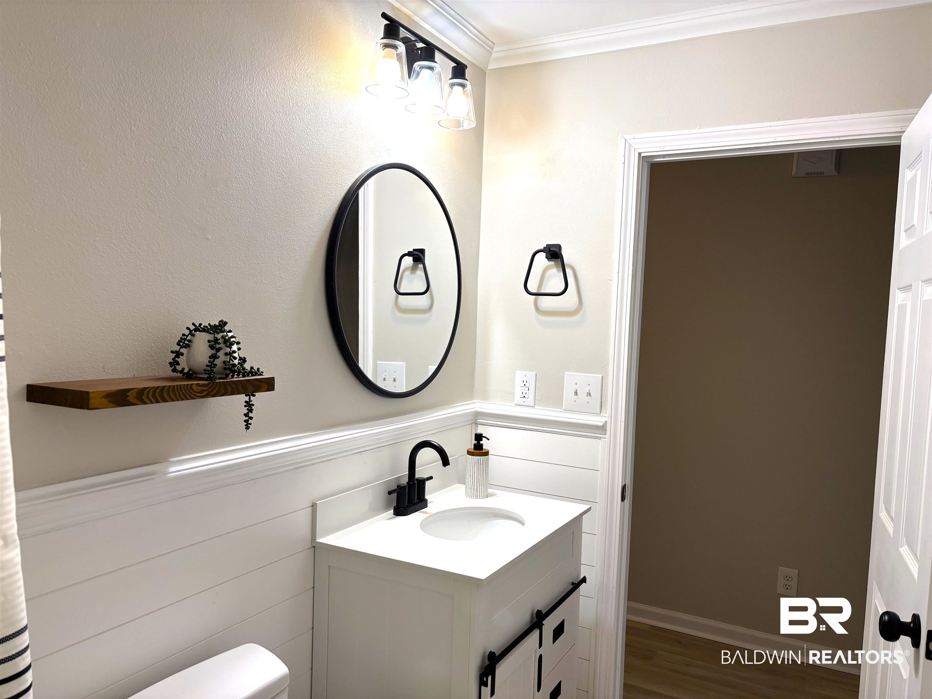 35650 Spring Road North Stapleton, AL 36578 - Photo 46 of 70 Bathroom featuring vanity, crown molding, and dark wood-style floors