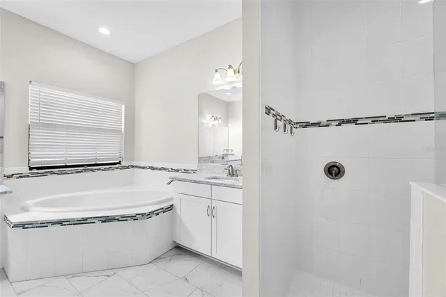 a bathroom with a granite countertop sink and a bathtub