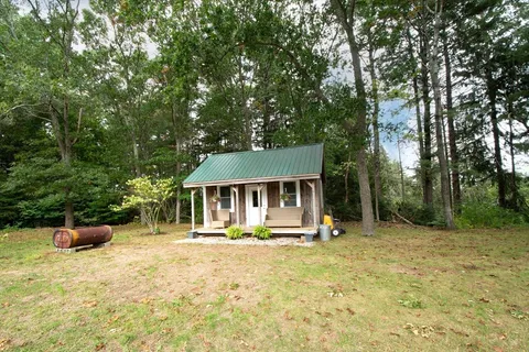 a view of a house with backyard and a tree