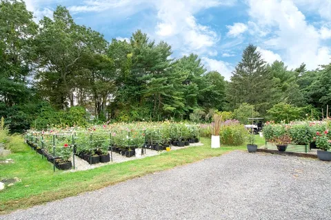 a view of a house with a big yard and large trees