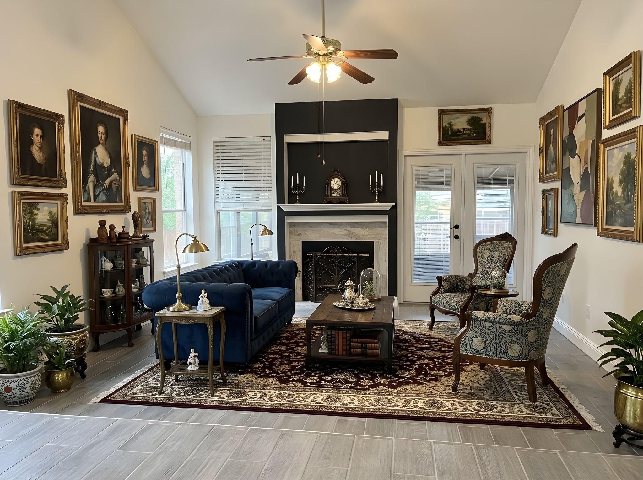 5611 Meadow Crest Austin, TX 78744 - Photo 7 of 29 Virtual Staged, Elegant living space featuring vaulted ceilings, a cozy fireplace, and direct patio access through French doors.