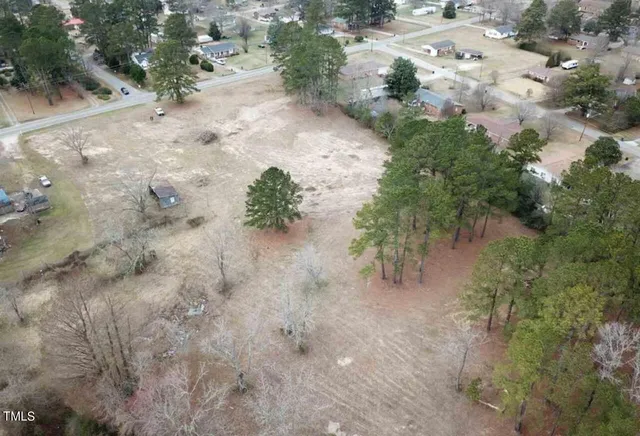 a view of a dry yard with lots of green space