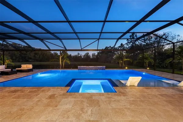 a view of a swimming pool with a patio and a yard