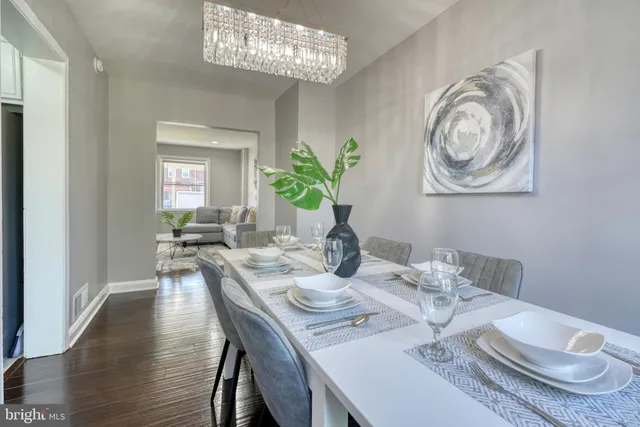 a view of a dining room with furniture wooden floor and a chandelier