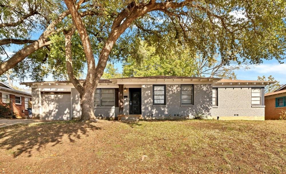 front view of a house with a large tree