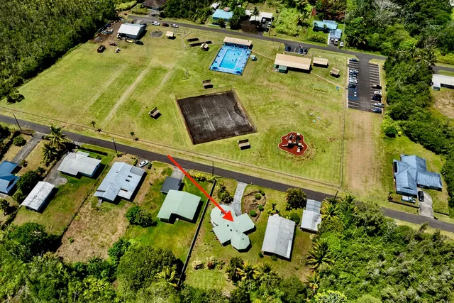 an aerial view of a tennis ground with large trees