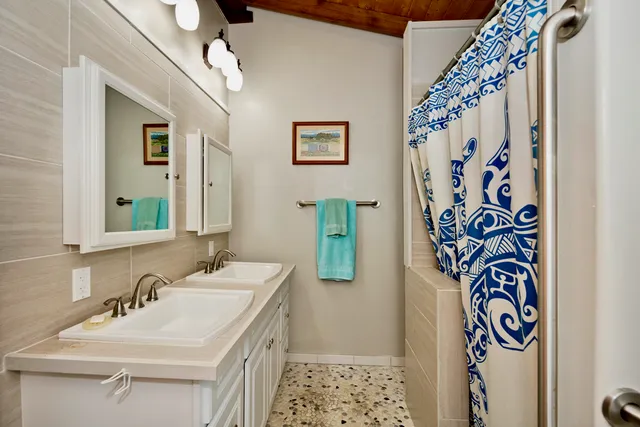 a bathroom with a sink a mirror and a shower