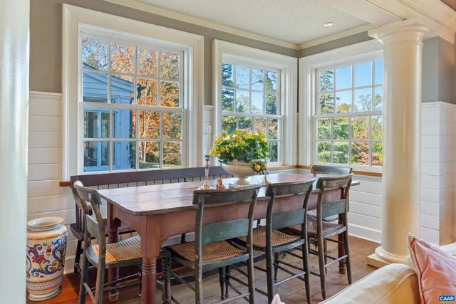 a view of a dining room with furniture window and outside view