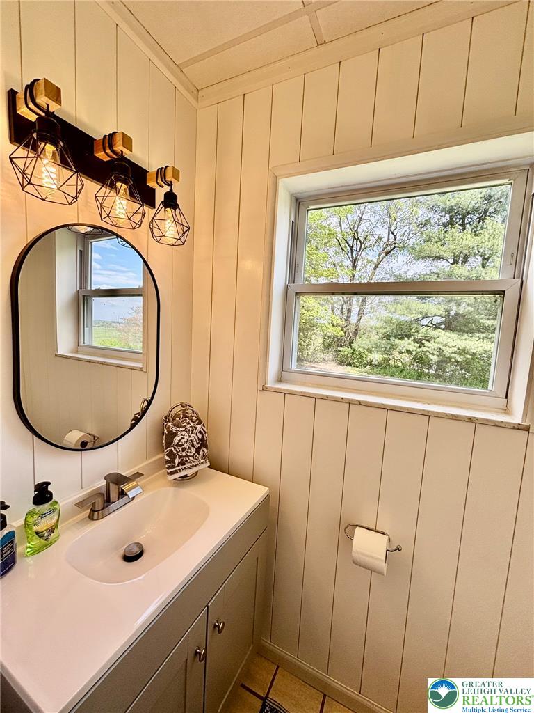 8813 Bluejay Road Kempton, PA 19529 - Photo 19 of 23 This bright bathroom features a vanity with a sleek sink, offering a fresh and clean aesthetic.