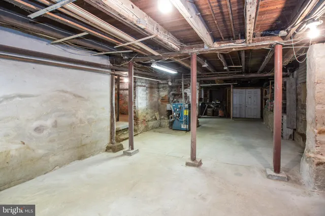 a view of a garage with storage