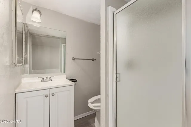 a bathroom with a toilet sink vanity and mirror