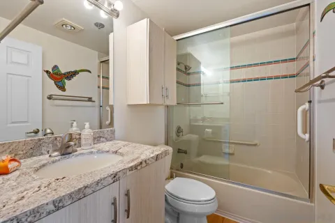 a bathroom with a granite countertop sink toilet and shower