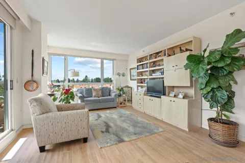 a living room with furniture and a potted plant
