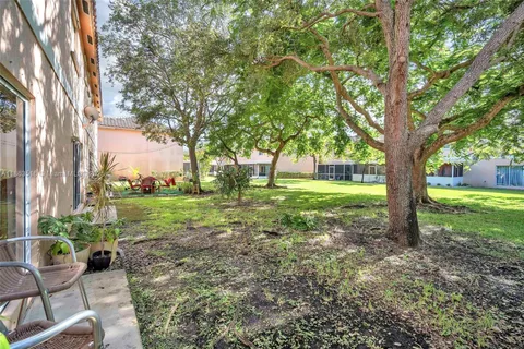 a view of a yard with plants and trees