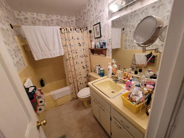 a bathroom with a sink toilet and shower
