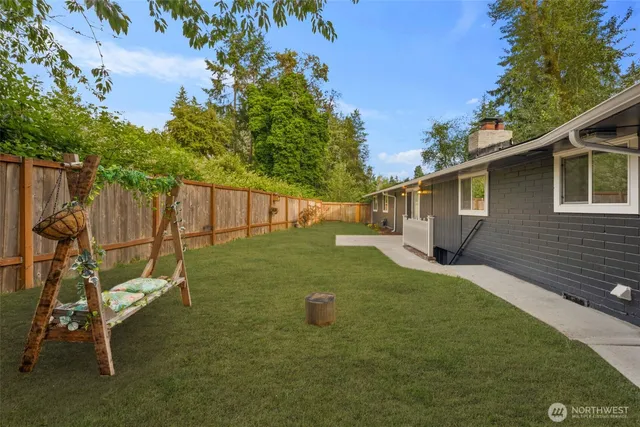 a backyard of a house with table and chairs