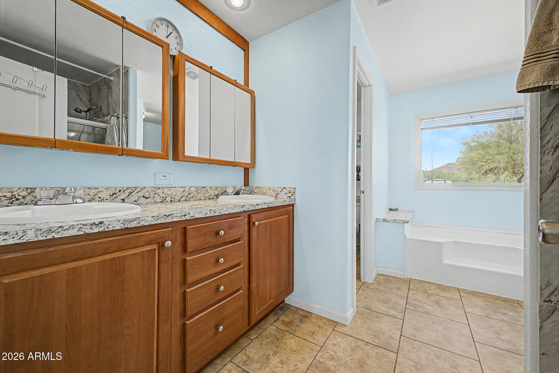 2576 West Tepee Street Apache Junction, AZ 85120 - Photo 15 of 29 a bathroom with a granite countertop sink a mirror and a bathtub