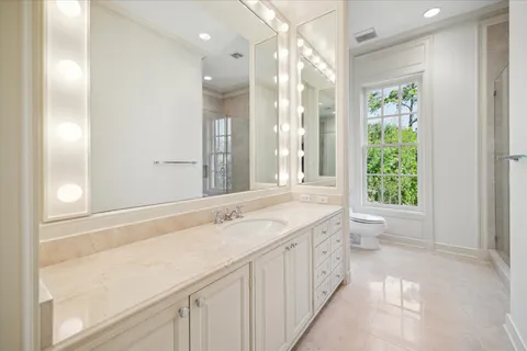 a bathroom with a double vanity sink a toilet and a shower