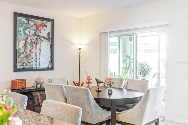 a view of a dining room with furniture window and outside view