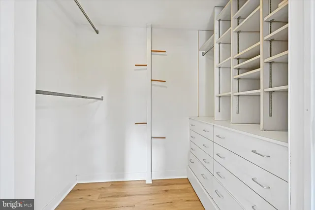 a view of walk in closet with empty racks