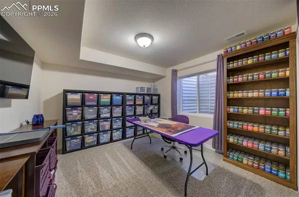 a bedroom with furniture and a book shelf
