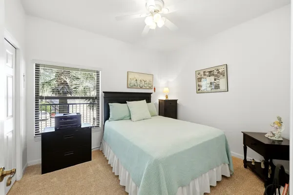 a view of a swimming pool with an outdoor seating and a palm tree