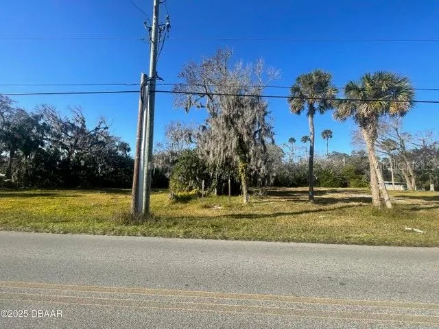 a house view with a yard and palm trees