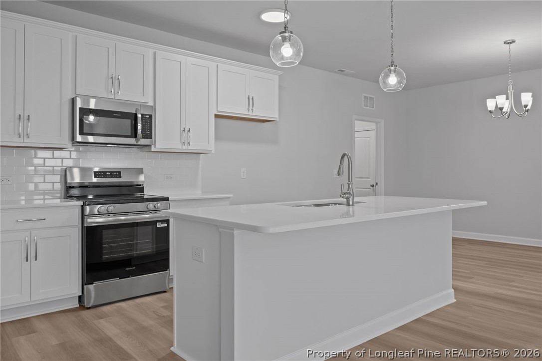 151 Michter Street Vass, NC 28394 - Photo 29 of 47 a kitchen with stainless steel appliances a sink a stove a microwave and cabinets