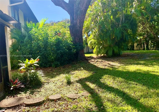 a view of a backyard with potted plants and large trees