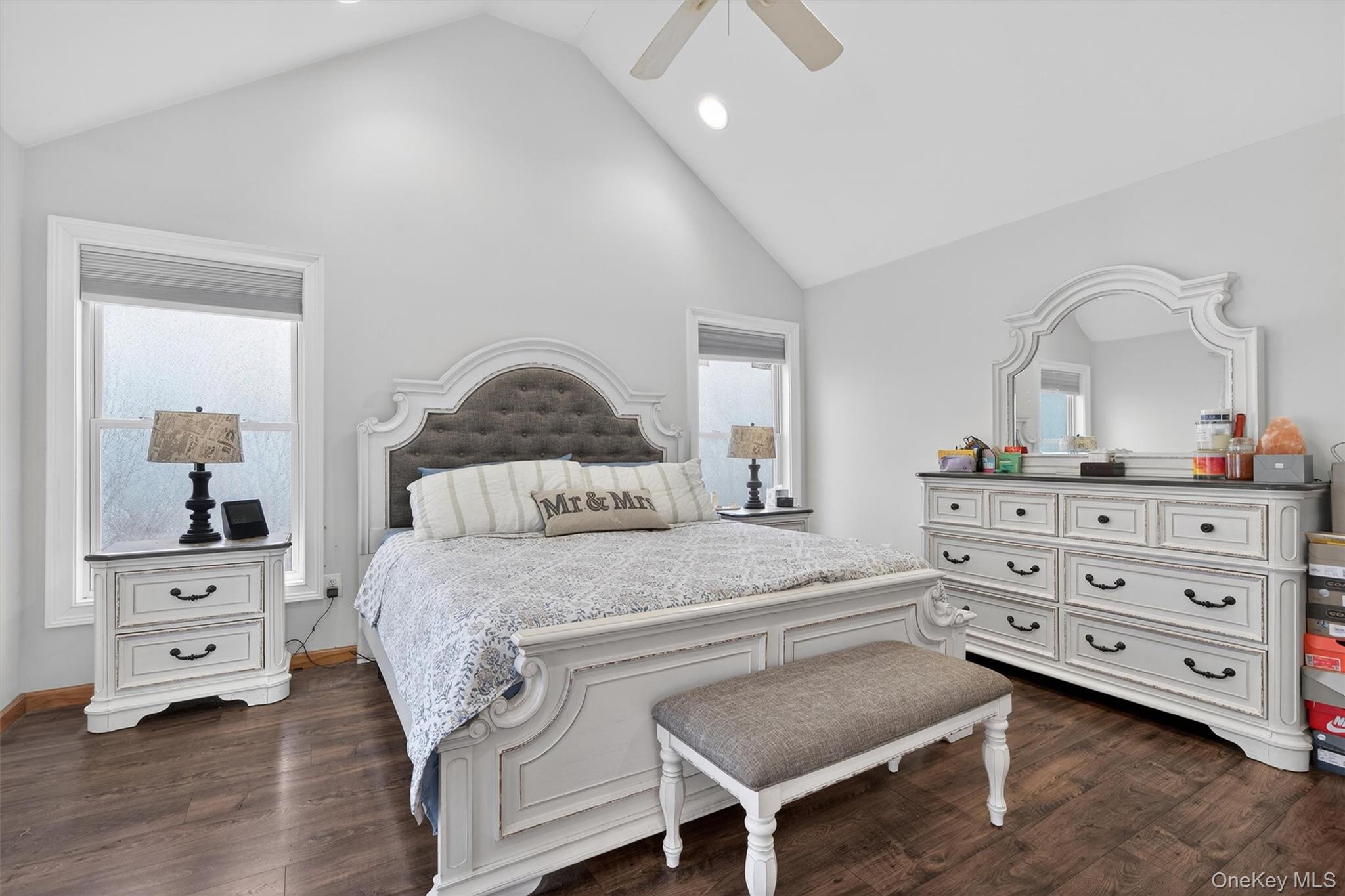 71 Eagle Crest Road Port Jervis, NY 12771 - Photo 26 of 45 Bedroom with a high ceiling, dark wood-type flooring, a ceiling fan, and recessed lighting