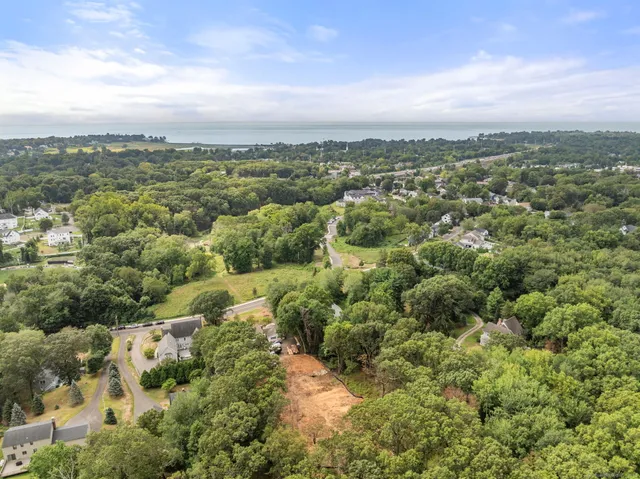 an aerial view of residential houses with outdoor space and trees