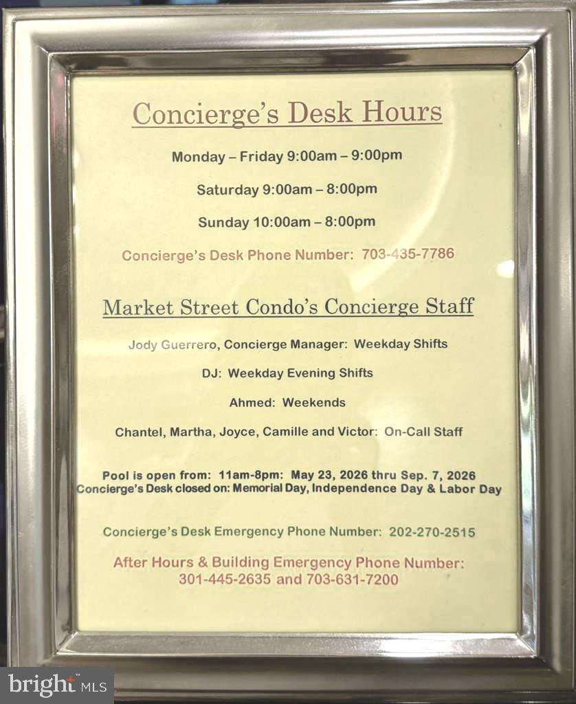 12001 Market Street, Unit 177 Reston, VA 20190 - Photo 62 of 63 Concierge's Desk Hours