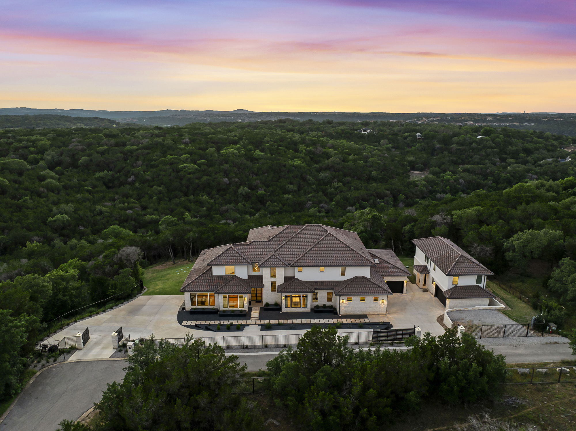 Aerial view at dusk of a forest view