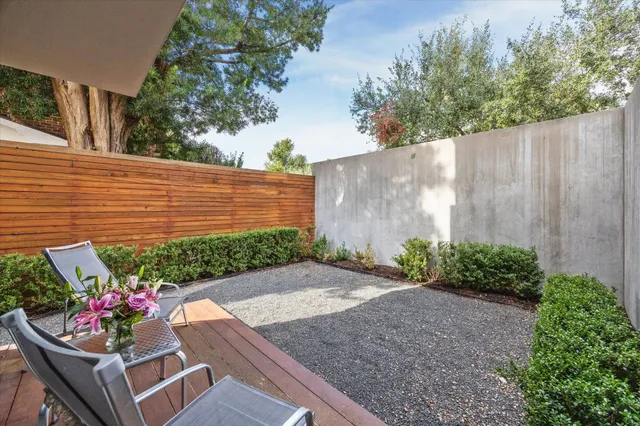 a view of a backyard with potted plants and a fountain