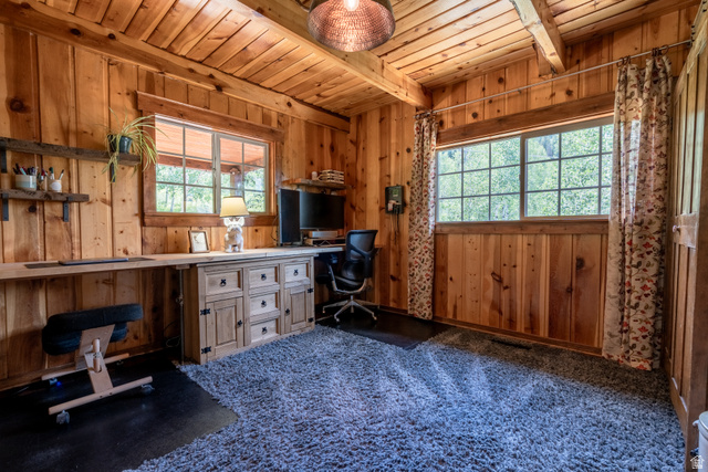 8737 Sage Run Road Kamas, UT 84036 - Photo 13 of 27 Room featuring extensive natural wood paneling on walls and ceiling, exposed wood beams, and two large multi-pane windows