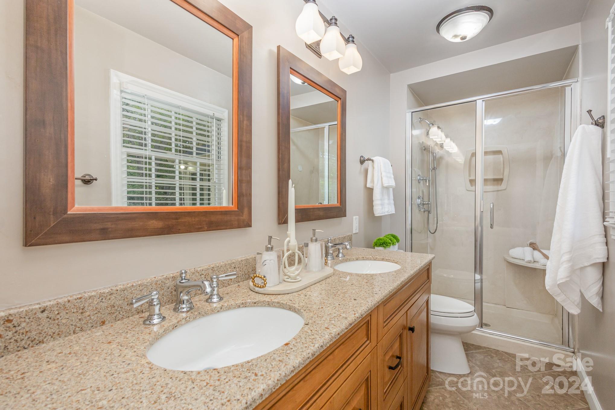 4011 Chandworth Road Charlotte, NC 28210 - Photo 19 of 30 a bathroom with a granite countertop sink a toilet and a large mirror