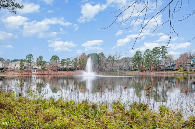 a view of a lake with houses in the back