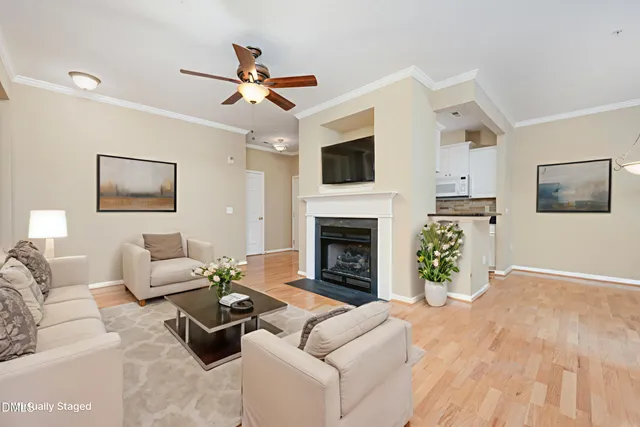 a living room with furniture a flat screen tv and a fireplace