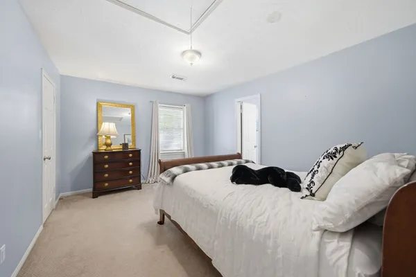 a bedroom with a bed and a closet
