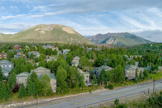 an aerial view of residential houses with outdoor space and trees