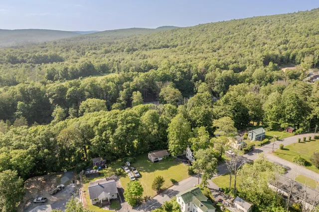 a view of a city with mountains in the background