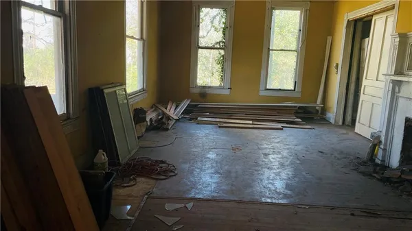 a view of a room with a window