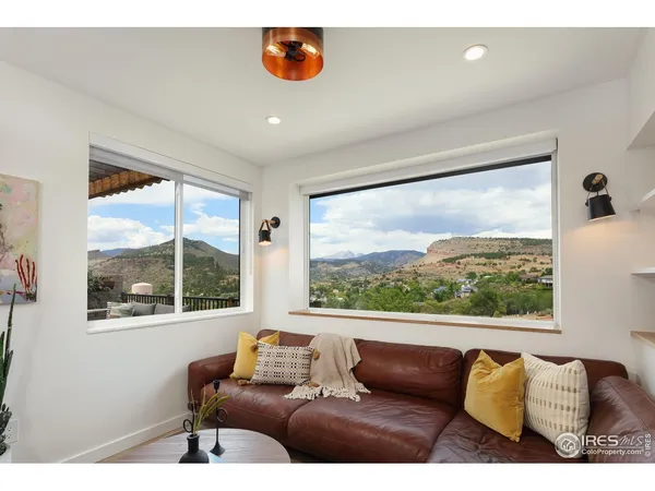 a living room with furniture and a floor to ceiling window