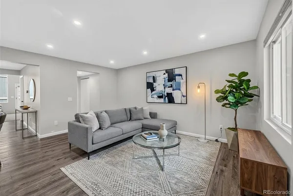 a living room with furniture potted plant and a lamp