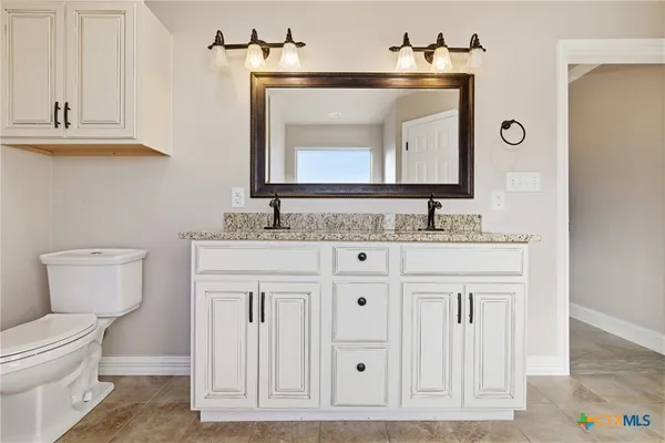a bathroom with a toilet a sink a vanity and mirror