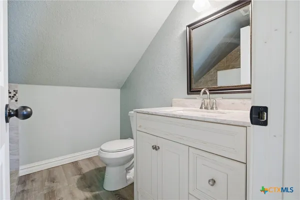 a bathroom with a sink toilet and mirror