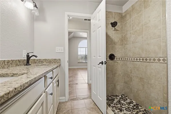 a bathroom with a granite countertop sink a shower and a mirror